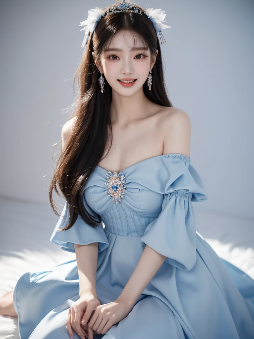 masterpiece, distinct, highres, super_detail, lolita_hairband, frilled_dress, pleated_dress, off-shoulder_dress, pinapo_dress, Araped woman wearing blue dress, best face, chassis, blackpink jennie, Yanjun Chengt, Popular Korean Makeup, Exciting and cute aesthetics, Jinyoung Shin, Popular Korean Makeup, Inspired by Hwangji, Small tiara, Beautiful girl, By incorporating keywords provided by CART,, really beautiful and cute girl, laugh,  swarovski dress, sparkly dress, long hair , 웨이브 long hair, smile, White Teeth
