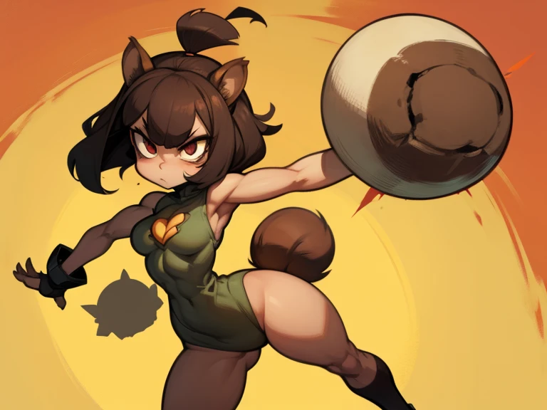 Skullgirl game art style, squirrel girl, squirrel fuse with female body, cute sexy outfit, game character style, dark hair, fighting mode. Fluffy body. 