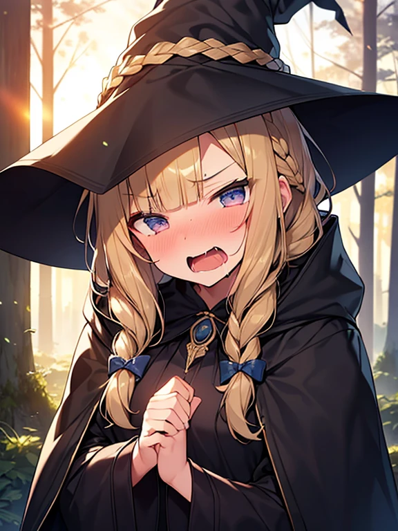 Masterpiece, Top quality, 1 beautiful girl, Blonde, medium Hair, Braided hair, wavy Hair, blunt bangs, 15 year old, standard weight, very large dark sorceress long robe with hood, pleated skirt, witch hat, (angry :1.2), nose blush, open mouth, saliva, tear up, (1 boy :1.3), penis, (fellatio :1.2), beautiful scene of Enchanted Forest, backlighting, sunset, close up