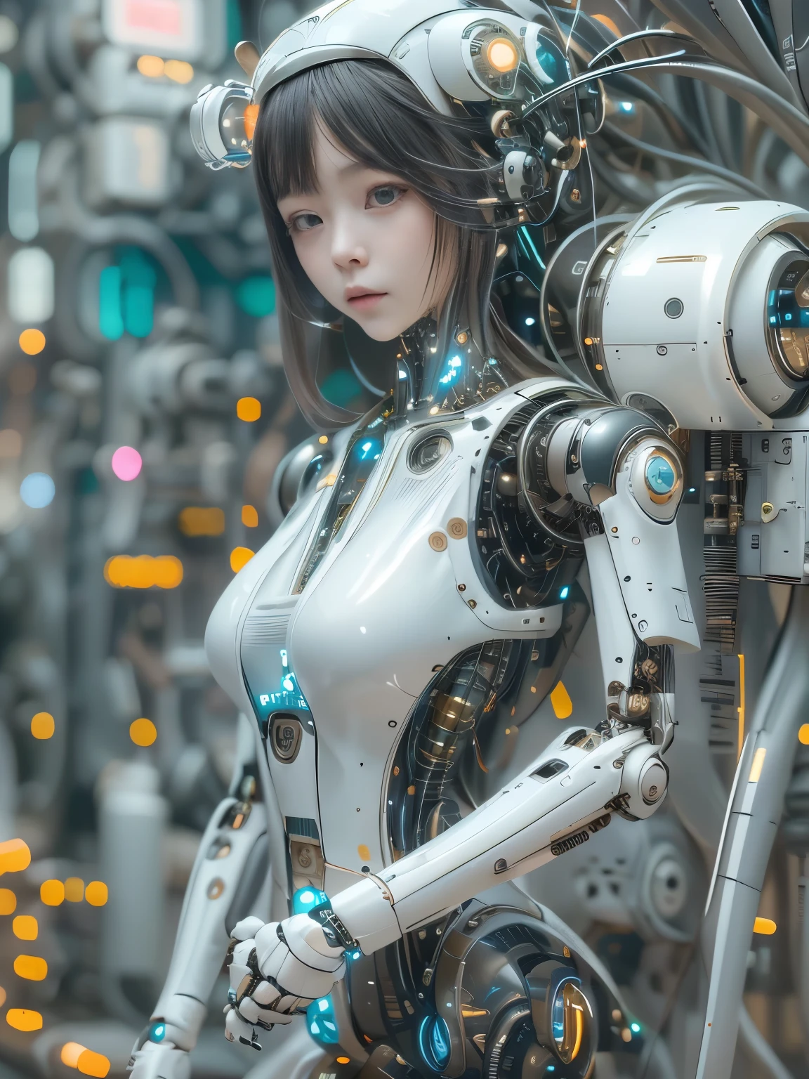 masterpiece, best quality, extremely detailed, portrait,Japaese android girl,Plump,a bit chubby,control panels,android,Droid,Mechanical Hand, ,Robot arms and legs, Black hair,Mechanical body,Blunt bangs,White Robotics Parts,perfect robot woman,Charging spot,Long Tube,A thick cable was connected to her neck,perfect mechanical body,white robotics body,future assembly plant,white body,She has repaired,black sponge joints,android assembly plant,android,laboratory,perfect machine body,white robot body,blue eyes