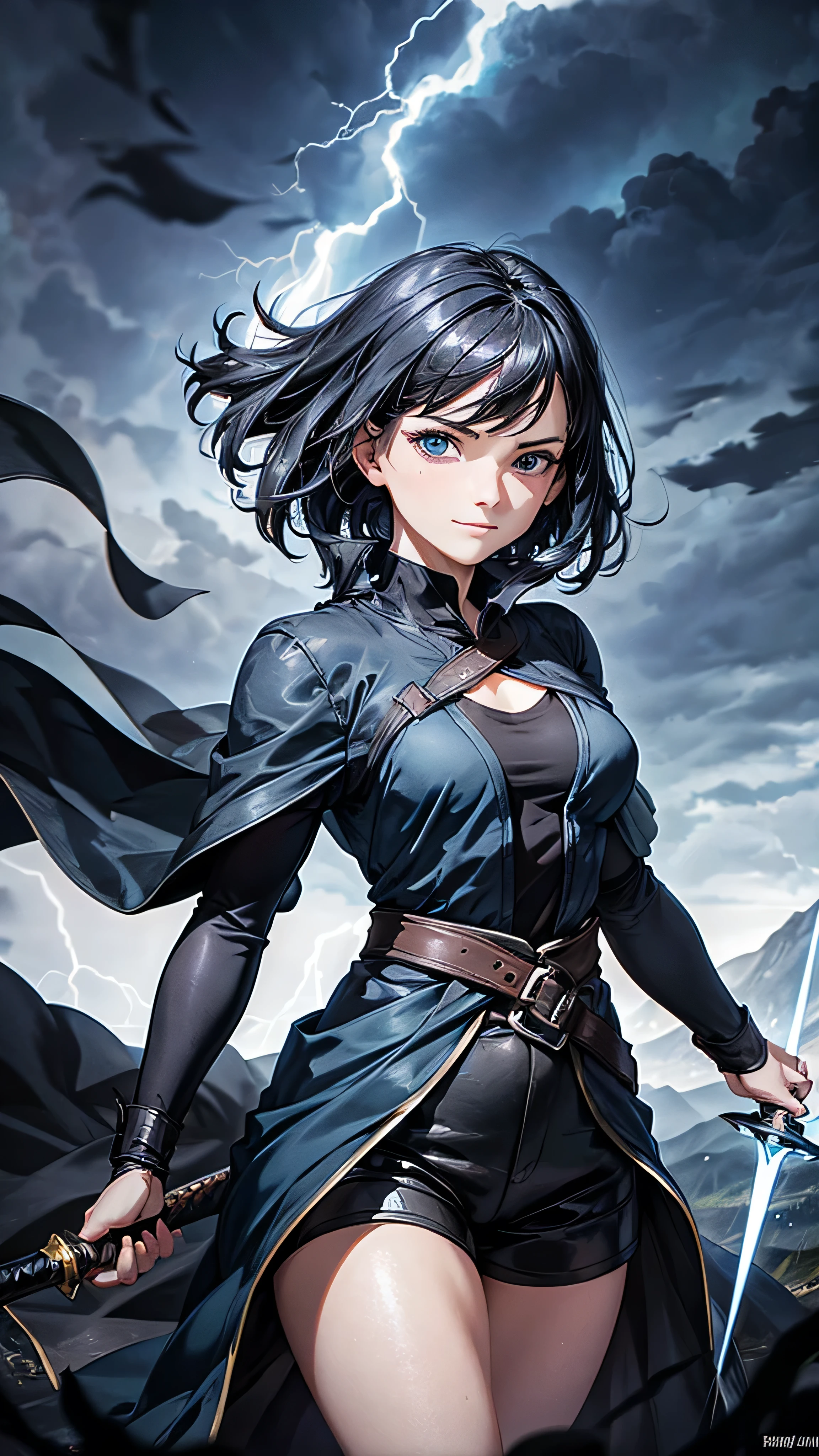 1girl, highly detailed, masterpiece, best quality, correct hands, medium breasts, short black hair, short hair, blue eyes, black robe, black pants, blue shirt, black vest, defined curves, smug smile, mountain background, storm, lightning, stormy atmosphere, flying, floating above the ground, surrounded by lightning, static sparks, holding a sword