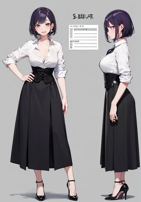 Purple hair,short hair,Adult female,(bartender),((Roll up your shirt sleeves)),(Rolling up the sleeves of his shirt),(corset),(skirt),(High heels),((Simple Background)),smile,((whole body)),((full body)),Character Sheet,