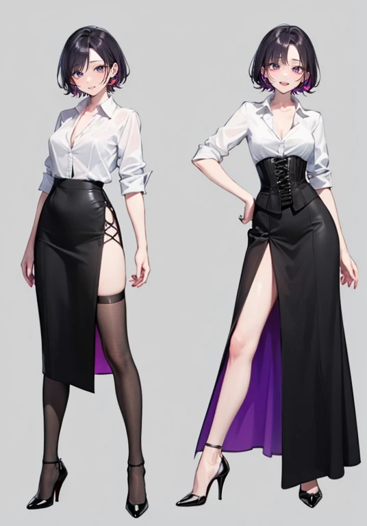 Purple hair,short hair,Adult female,(bartender),((Roll up your shirt sleeves)),(Rolling up the sleeves of his shirt),(corset),(skirt),(High heels),((Simple Background)),smile,((whole body)),((full body)),Character Sheet,