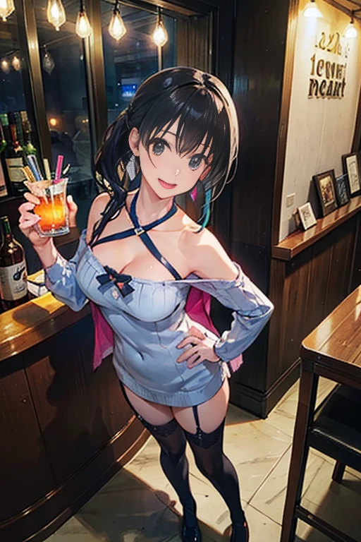 (from above:1.2),(from side:0.9), ((Face)), (Close-Up:1.0), masterpiece,"A 26-year-old girl stands at a bar counter. She is dressed in a stylish off-shoulder dress, sweater dress, off-shoulder sweater, red sweater,garter stocking, cleavage:1.1, midriff, black thighhighs, pretty girl, (highly detailed beautiful face and eyes,firm breasts),real skin,((black,hair,long pony tail hair)),thin pubic hair,cute and lovely pose, detailed eyes, This masterpiece is only visually stunning but also tells,(small breasts:1.0,under bust:1.1),(with sparkling eyes and a contagious smile),open mouth. The bar is beautiful, with colorful bottles of alcohol in the background and a soft glow from neon lights. The atmosphere is relaxed, and the girl looks confident and fashionable.",full body, sexy pose,make a cocktail , in the bar counter, Looking at Viewer,