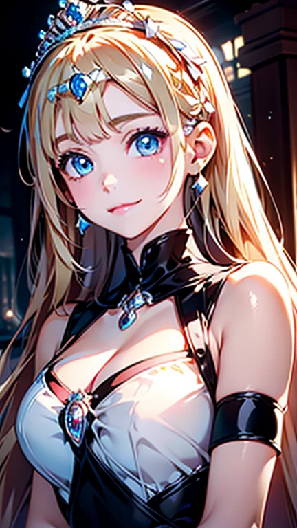 Best quality , masterpiece, Portrait、、Bright expression、ponytail、Young, shiny, white, glossy skin、Gloss Face、Shining Cheek Gloss、Small Face Beauty、The best beauty、The dazzling light of blonde hair、Bright blonde hair with dazzling highlights、Very beautiful shiny light blonde hair、super long silky straight hair、Her shiny, beautiful bangs are covering her eyes.、Sparkling, clear, attractive, bright, large, pale blue eyes、Very big eyes、eyeliner、very beautiful lovely cute 16 year old girl、Ample Bust, upper body , smile , ((((princess, tiara ))))