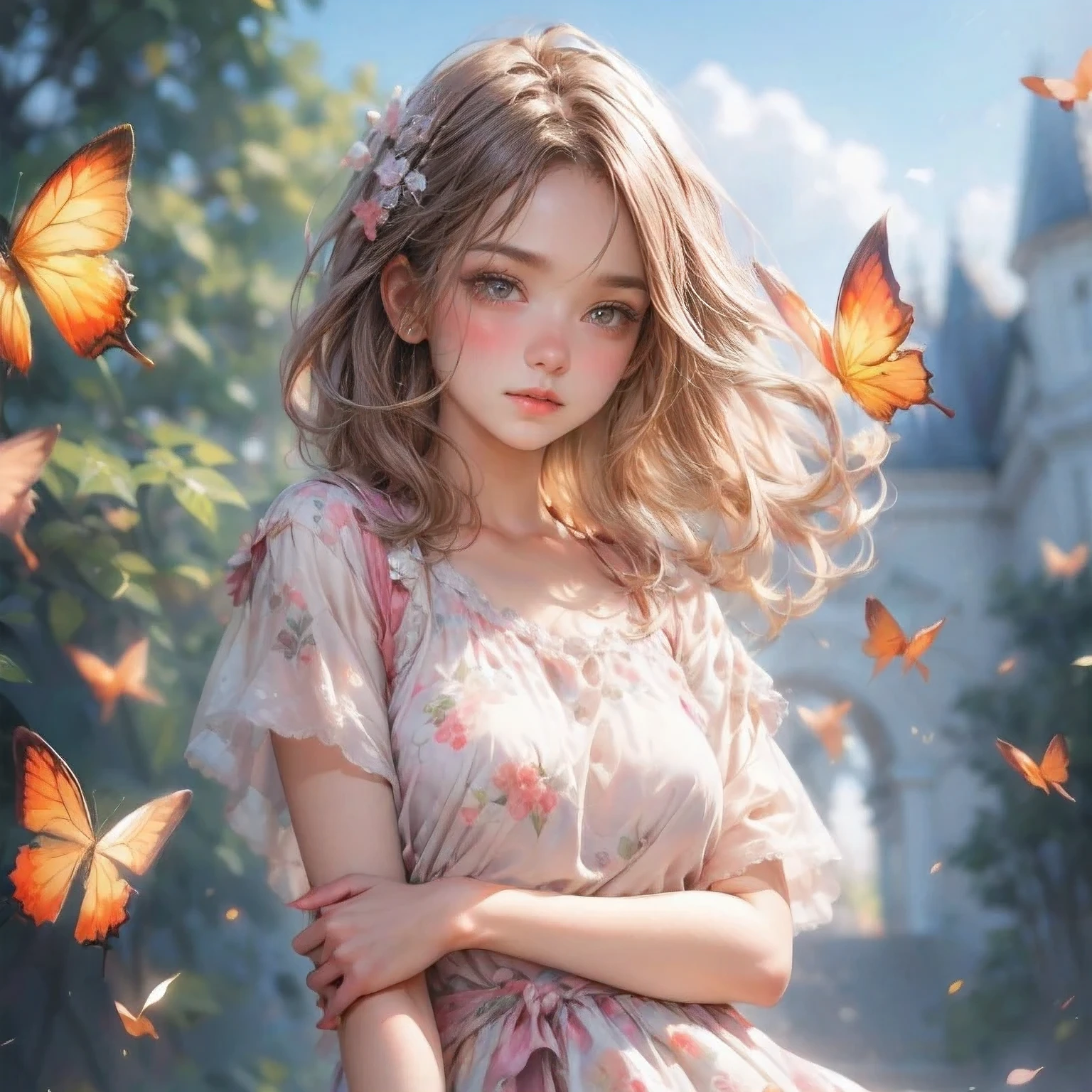 masterpiece: 1.2, highest quality, 16k, highres, ultra-realistic, photo realistic: 1.37, beautiful detailed: 1.2, cute girl, standing with dynamic posing, in campus lawn, full of flowers, a lot of butterflies, modern sauvage bob hair, beautiful and delicate (hair, face, eyebrows, long eyelash, eyes, pupils, lips), sparkling eyes, shining rosy lips,