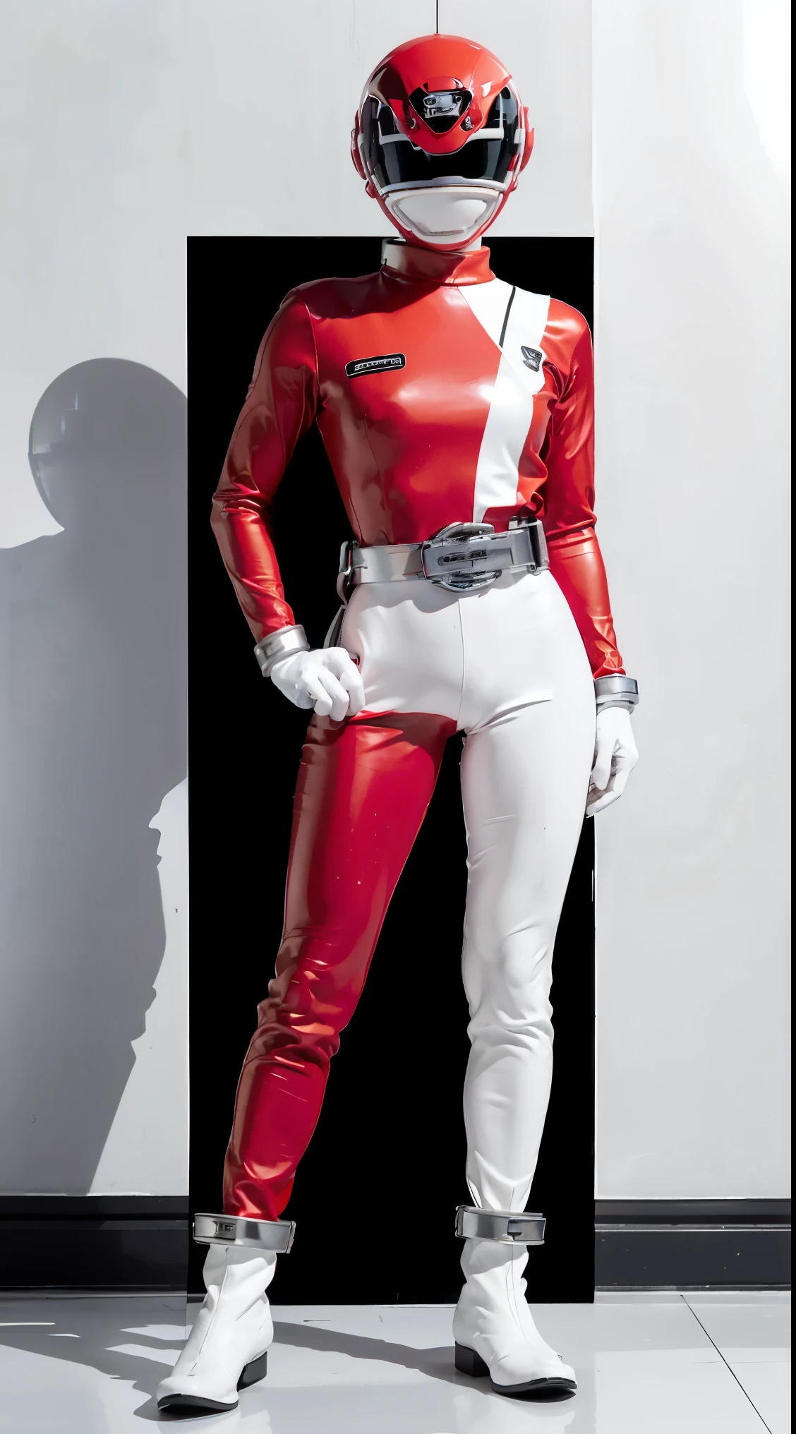 ((power rangers)), One guy、 Red costume, Solo, ((Slim figure)), (Anatomically correct), Cowboy shot, masked face, (Red composite tracksuit), (Well-designed hero set), Suitable for complex production lines, Thin one-piece influencer suit, Long leather gloves to white elbows,,,,, The arm sleeve is made of hard material, White leather boots, Wearing a full-face helmet, (White belt), (Large metal clasp), (Full body suit), (Full face helmet,No exposed face), Crystal embedded in the helmet, (Very shiny sportswear), Silk weave set, gym clothes that adhere to the body,dynamicposes