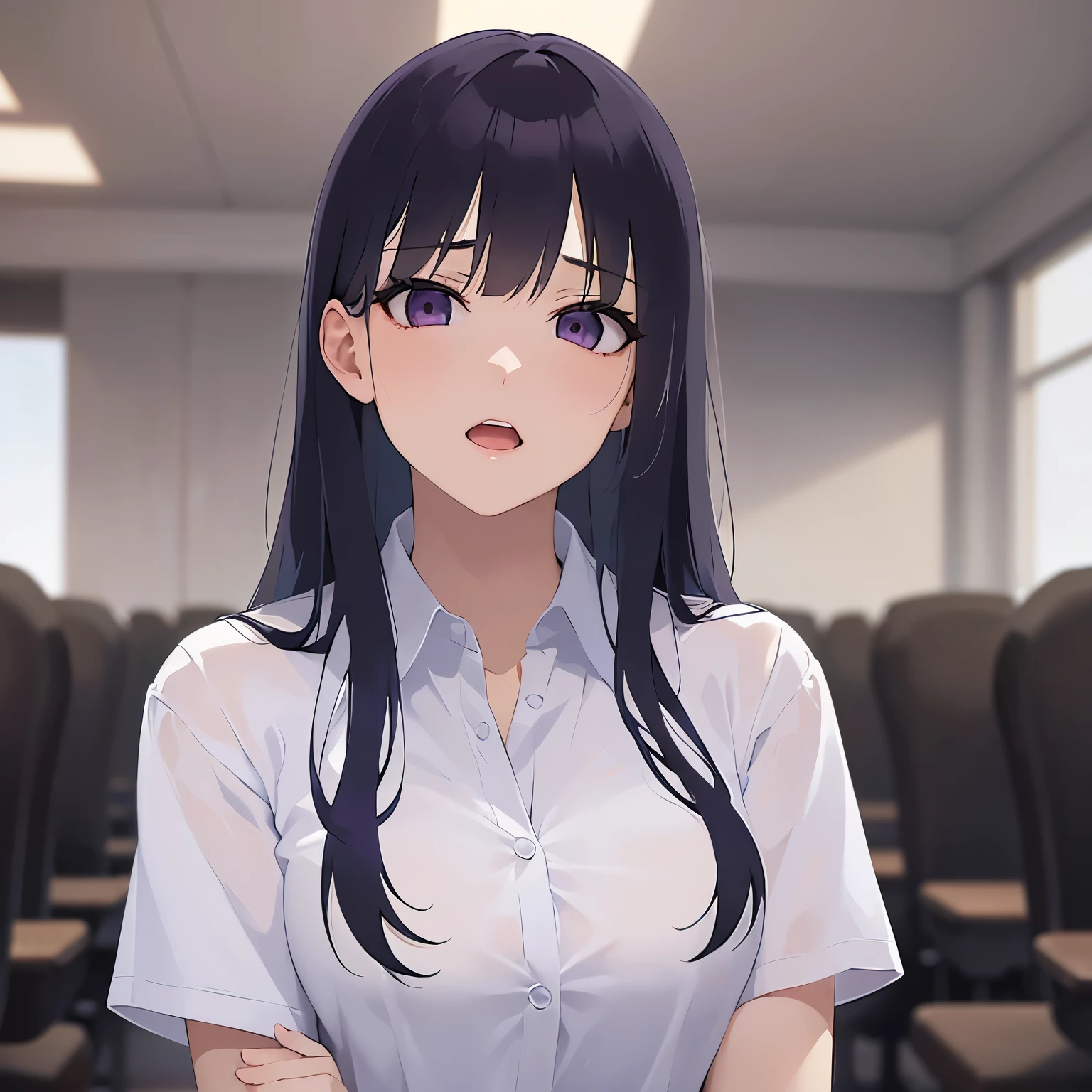 cinematic angle, Upper body, Realistic, real person, (pale skin: 1.2), (RAW photo:1.5), photorealistic, shiny skin, shiny hair、(A 25-year-old woman with straight hair and bangs) and (medium hair) and (black hair) and (purple eyes) and (half eyes), (white collared shirt), Expressionless, open mouth, The background is an office conference room、alone、Sitting