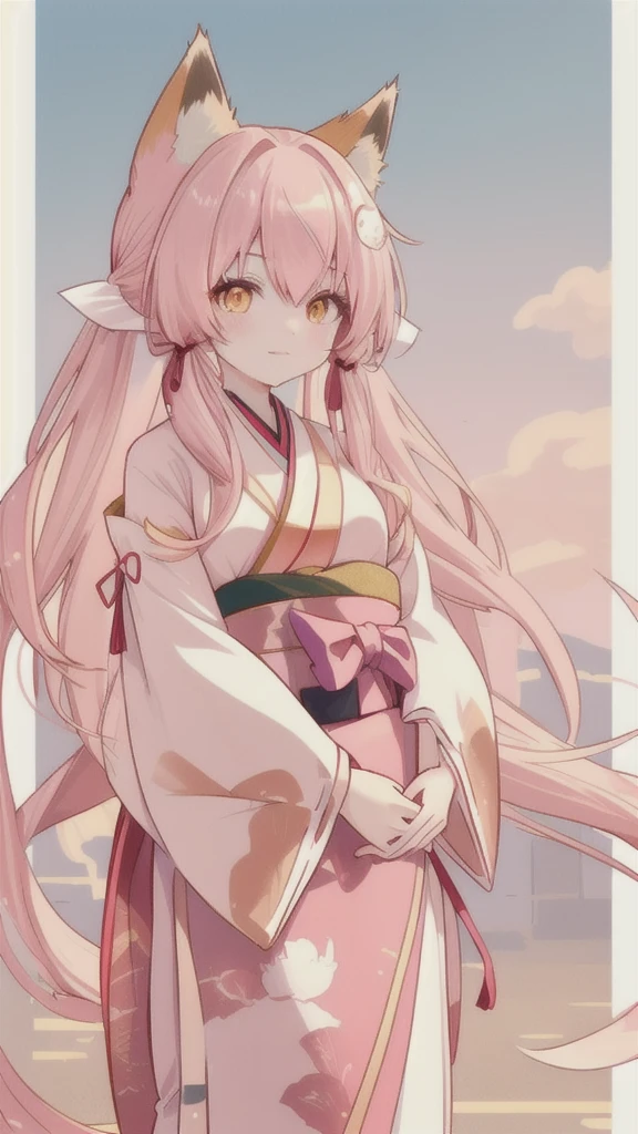 Fox Girl,Long golden hair tied with a ribbon,pink hanfu
