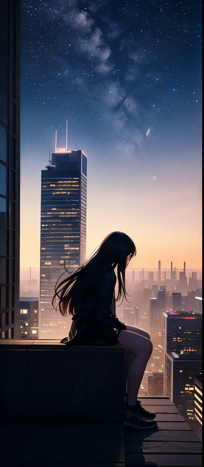 Octane, null, star (null), scenery, starry null, night, One girl, night null, alone, Outdoor, building, cloud, milky way, Sitting, wood, Long Hair, city, silhouette, cityscape  