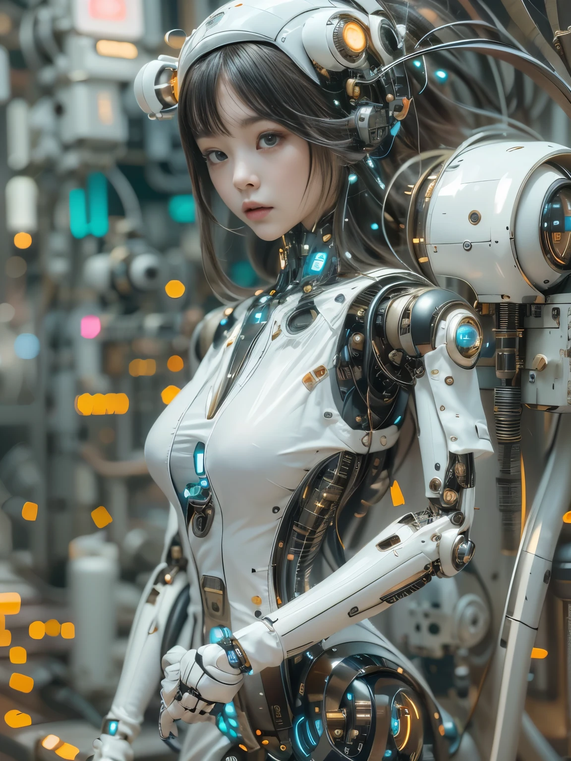 masterpiece, best quality, extremely detailed, portrait,Japaese android girl,Plump,a bit chubby,control panels,android,Droid,Mechanical Hand, ,Robot arms and legs, Black hair,Mechanical body,Blunt bangs,White Robotics Parts,perfect robot woman,Charging spot,Long Tube,A thick cable was connected to her neck,perfect mechanical body,white robotics body,future assembly plant,white body,She has repaired,black sponge joints,android assembly plant,android,laboratory,perfect machine body,white robot body,blue eyes
