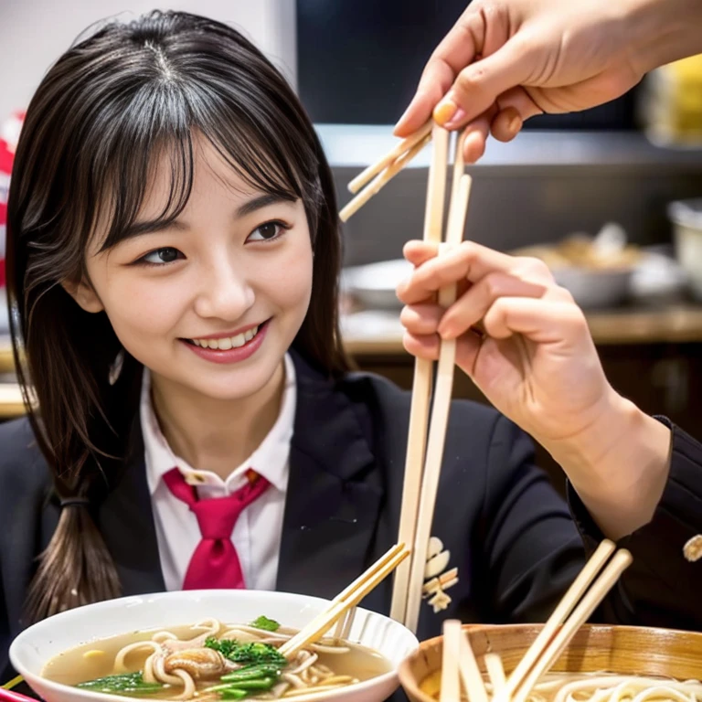 1 Beauty, Female student, Watery eye，Big ample breasts, Blazer and tie, (Smile)，Long eyelashes, Blush Lash，Black Perm Hair, At the counter of a specialty ramen shop,Cup Noodles,((Perfectly shaped chopsticks:1.2)),(How to hold the perfect chopsticks:1.2), (Hold chopsticks skillfully with your right hand:1.4),Beautiful noodles,(Pick up the noodles with chopsticks and bring them to your mouth.),((Eat delicious noodles)),(Eat Clean), Use your left hand to tuck your bangs over your ear.,Face shot,zoom、(Bring your face close to the ramen and eat the noodles:1.2),((2 chopsticks:1.4))