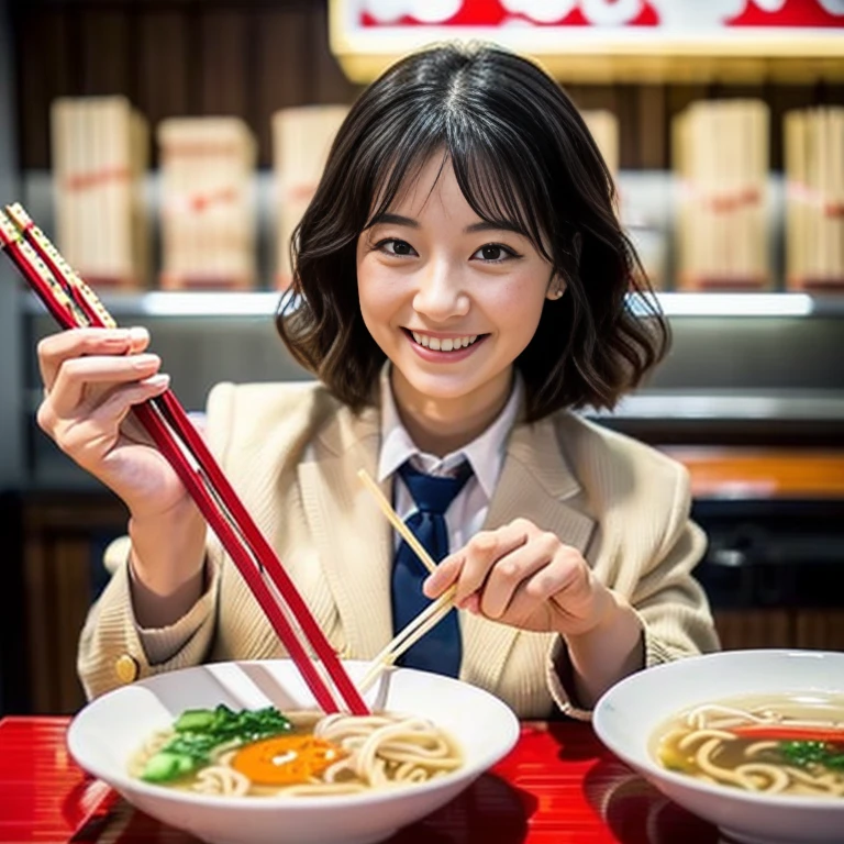 1 Beauty, Female student, Watery eye,Big ample breasts, Blazer and tie, (Smile),Long eyelashes, Blush Lash,Black Perm Hair, At the counter of a specialty ramen shop,Cup Noodles,((Perfectly shaped chopsticks:1.2)),(How to hold the perfect chopsticks:1.2), (Hold chopsticks skillfully with your right hand:1.4),Beautiful noodles,(Pick up the noodles with chopsticks and bring them to your mouth.),((Eat delicious noodles)),(Eat Clean), Use your left hand to tuck your bangs over your ear.,Face shot,zoom、(Bring your face close to the ramen and eat the noodles:1.2),((2 chopsticks:1.4))