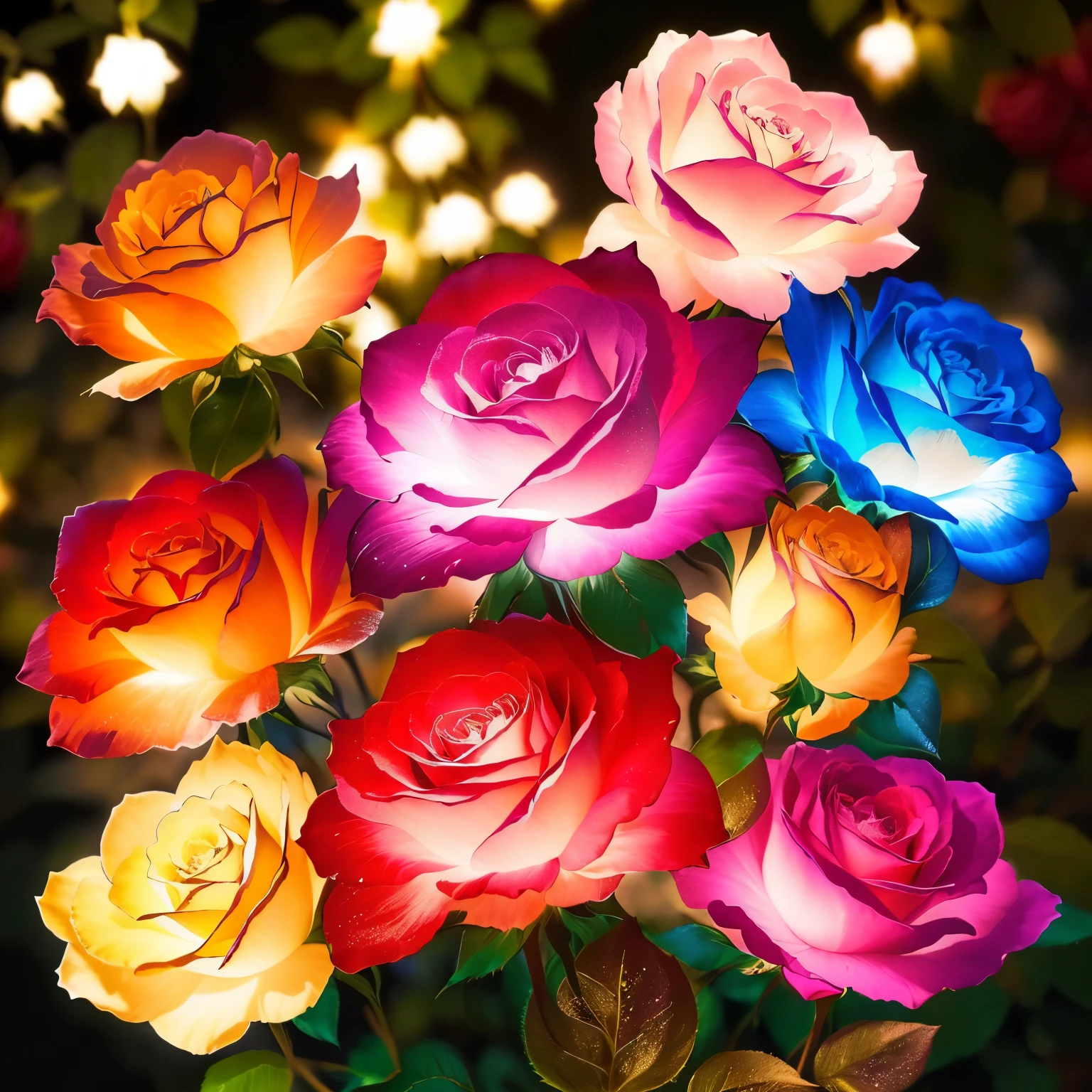 Nine roses,Glowing roses,Transparent petals,Colors vary,Green leaves match,Background greenery,Small flower embellishment,Night view,Large screen ratio,close up,Photography close focus,high-definition,Photography,8K,Soft lighting
