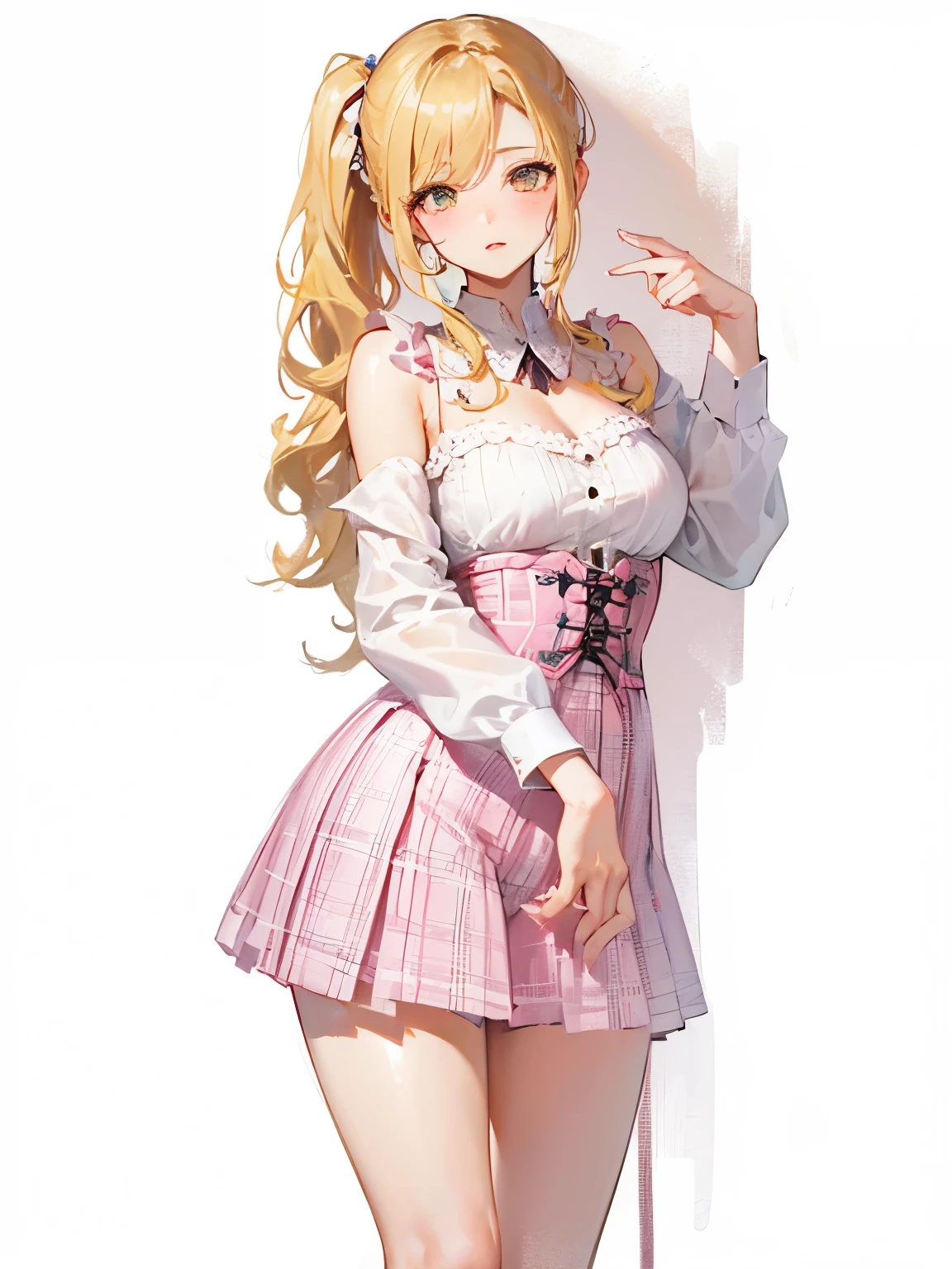1 girl, Arrange pose,Top quality work,Show Legs,((short wavy Creamy Golden Blonde hair)),(Creamy Blonde hair),(short Two Ponytail Half Up),(wavy hair),(golden eyes), Rose cheeks, Pretty Face, A perfectly proportioned face, wearing pink corset and pink plaid skirt, white stockings,full-body view, amazing, Large round chest、Beautiful eye details、Beautiful eyelashes、beautiful double eyelid, with blush cheeks,