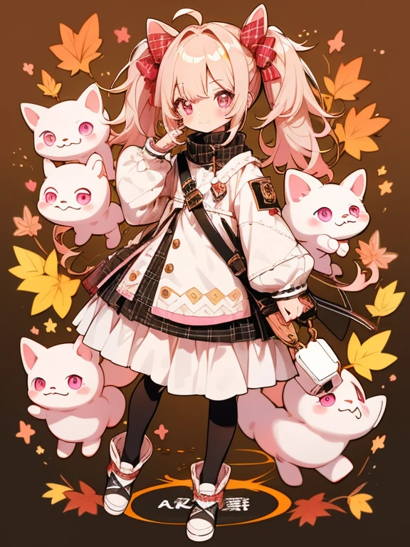 Tabletop, Perfect Face, highest quality, highest quality, Girl Awesome Designer, Whole Body Ezbian,8k resolution, Ultra-high quality output,Dreamy、Soft、High quality High resolution Girl ((Twin tails Light hair color Pink eyes Light pigmentation ))autumn服 Plaidのワンピース ニット もこもこ 立ち絵 全身 キャラクターデザイン キャラクターシート 動きがある 躍動感 笑顔 かわいい 等身低め 本を持つ ニット帽 膝丈ワンピース(Plaid、Brown、autumn)