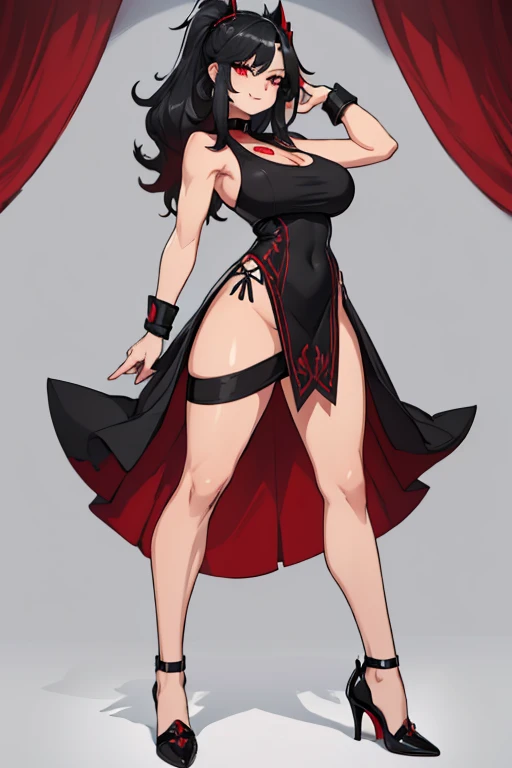 female, silver long hair with black highlights, red eyes, (((1girl))), (((red sleeveless dress with black trim))), (black heels), (black bracelets), (black choker with ruby), cute and sexy, full body, huge breasts, large butt, long legs, smiling