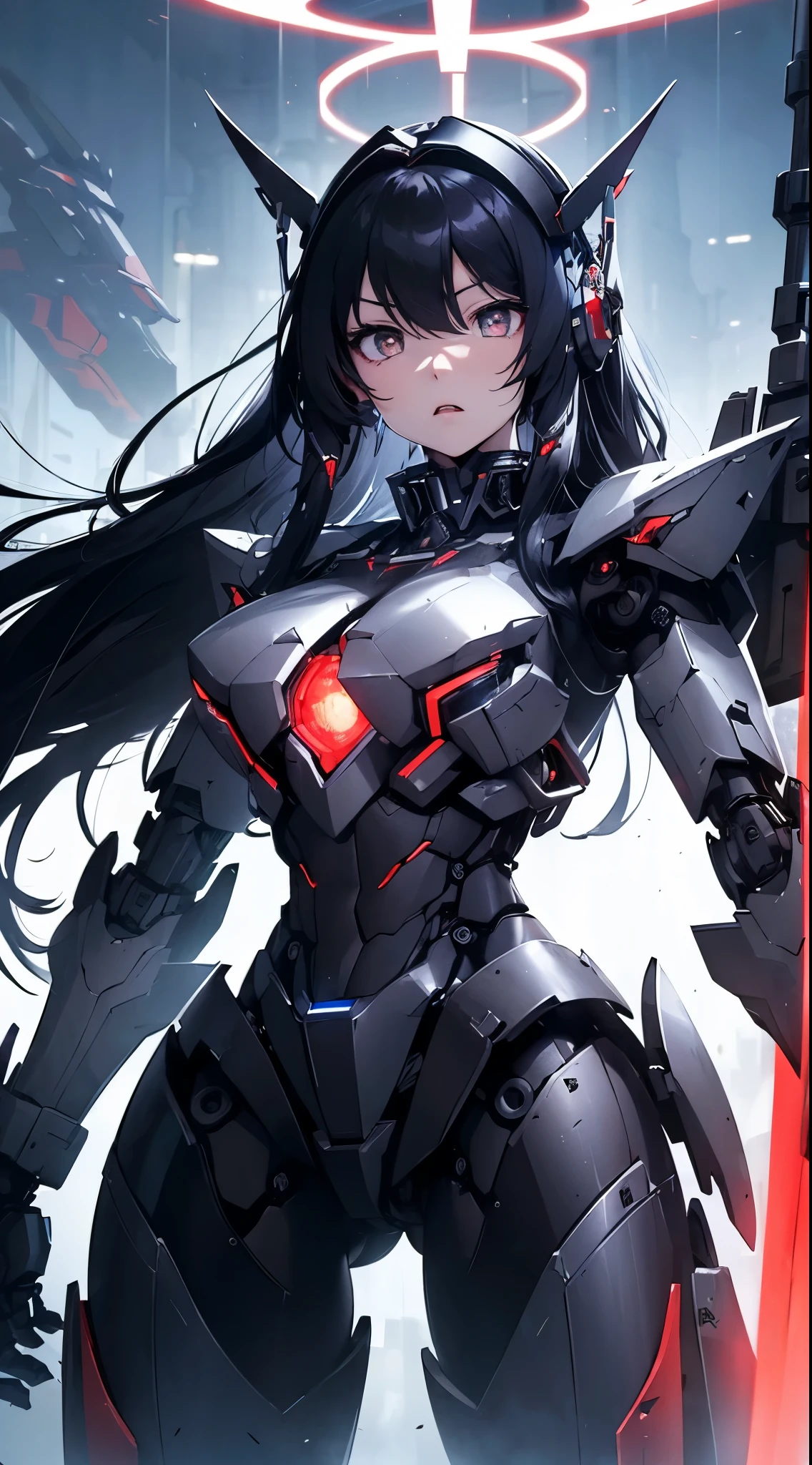 Machine eyes glowing red、Expressionless、Open your mouth a little