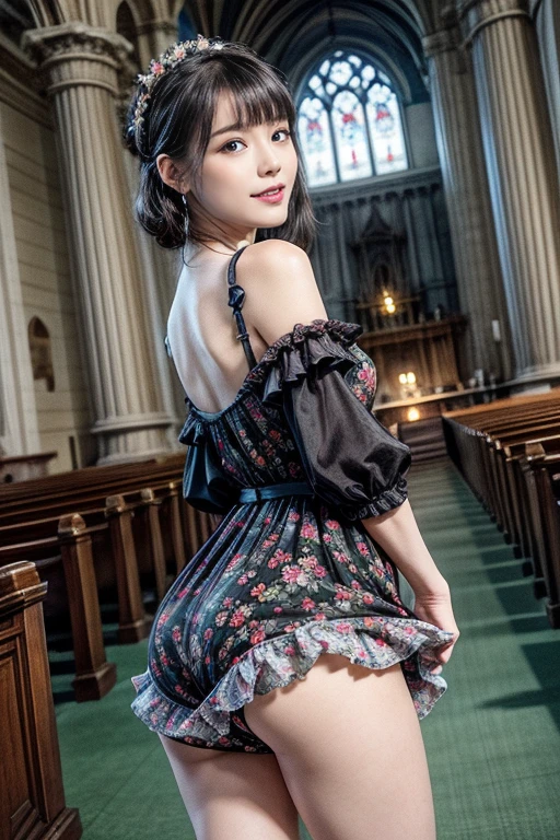 very cute and beautiful girl,(highly detailed beautiful face and eyes),(smile:1.2), black hair,looking at viewer,stylish pose,beautiful legs,cowboy shot, floral pattern brown lolita dress with detailed frills, altar,church,indoors, (best quality,masterpiece),absurdres,highres,ultra-detailed,extremely detailed,32k,8k resolution, intricate details,cinematic scene,detailed background,solo,dynamic angle,Swayback stance,standing, legs, stretch legs, hip, from behind, (Booty pose),Small Ass、