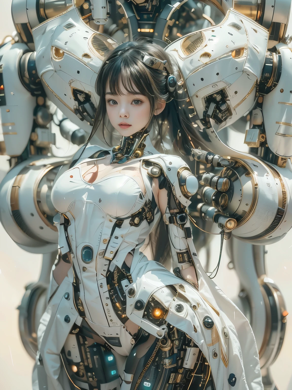 beautiful face,face is japanese,((1 female)), big, Curvaceous, (16k, RAW photo, highest quality, masterpiece: 1.2), (HDR, realistic, realistic: 1.37),((((spider web bikini cyborg robot parts)))), (light gray hair), long hair, wavy hair, twin tails, medium shot, (enchanting smile)), (black eye), double eyelid, from below, (whole body),take a pose,in the laboratory,((mechanical vertebrae attached to the back)),((Mechanical neck attached to the neck)),(Wires and cables attached to the head and body),(character focus),SF,perfect woman image,完璧なanatomy, anatomy, whole bodyショット, Up to 4 fingers and 1 thumb relationship,