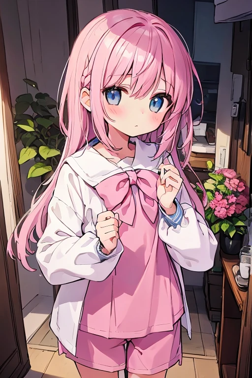Beautiful illustrations, highest quality, (12-year-old girl:1.4)、(pretty girl:1.5)、、Flat Chest、Sailor collar、(White long tunic)、Long sleeve sailor suit、Blue-line cuffs、(Pink Chino Shorts:1.7)、(Pink shorts with wide openings:1.6)、Gap between thigh and pants、Thin thighs、White socks、 Cinema Lighting, (Pink Long Hair)、Pink Straight Hair、Redness on the cheeks、(Braiding of the back of the head)