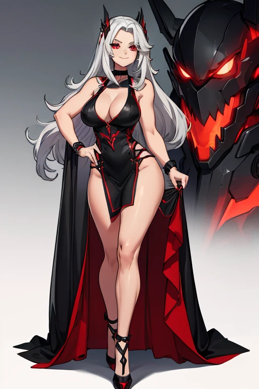 female, silver long hair with black highlights, red eyes, (((1girl))), (((red sleeveless dress with black trim))), (black heels), (black bracelets), (black choker with ruby), cute and sexy, full body, huge breasts, large butt, long legs, smiling