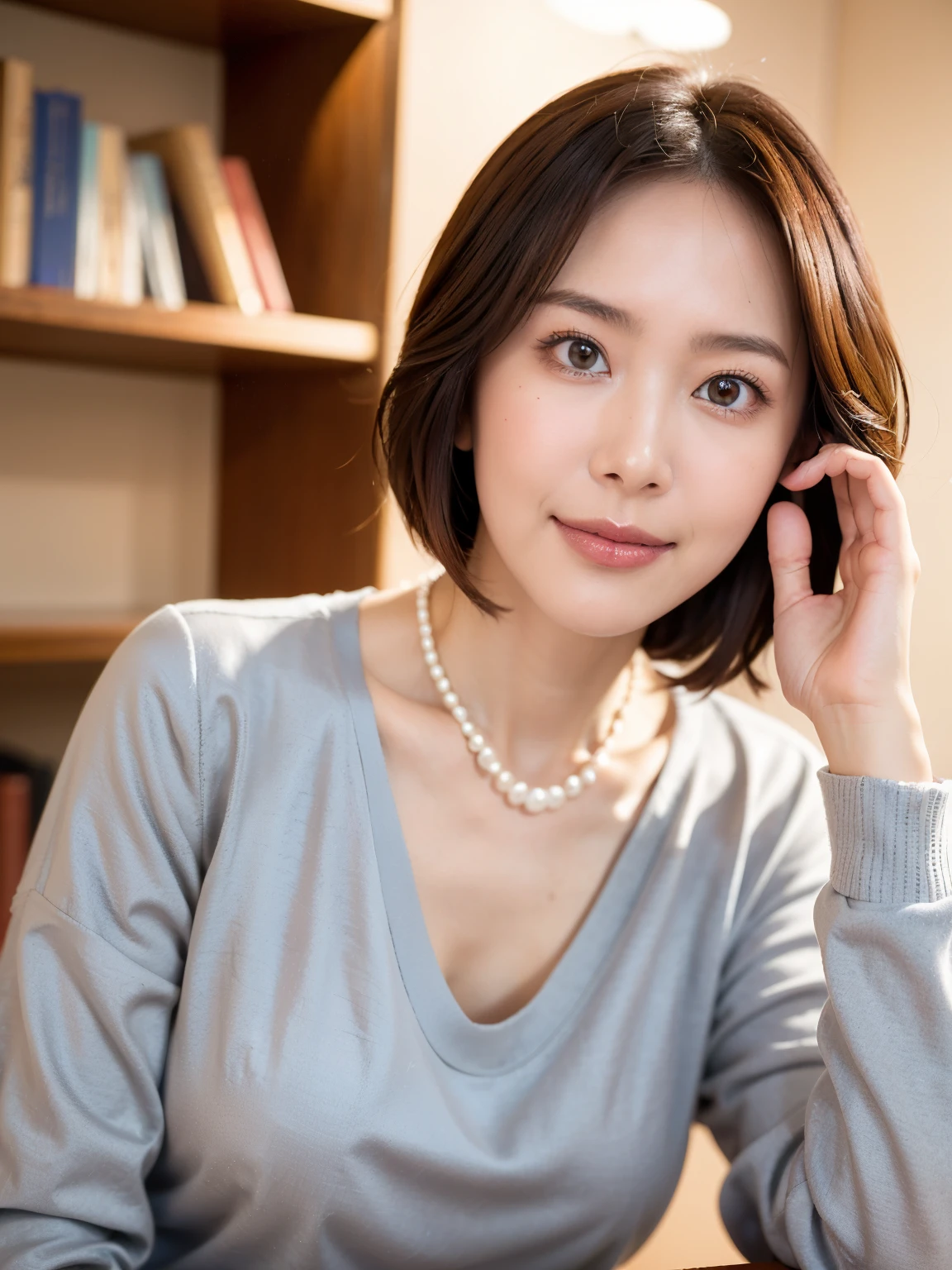 (highest quality, 8k, 32k, masterpiece, Ultra-high resolution:1.2),Beautiful Japanese Women Photos, （D cup breasts:1.4), Very short bob hair,Upper Body,Face Focus,（Grey sweater：1.5）,（Pearl Necklace:1.4), （Large library bookshelf in the background:1.3), （smile:1.5）, View your viewers,