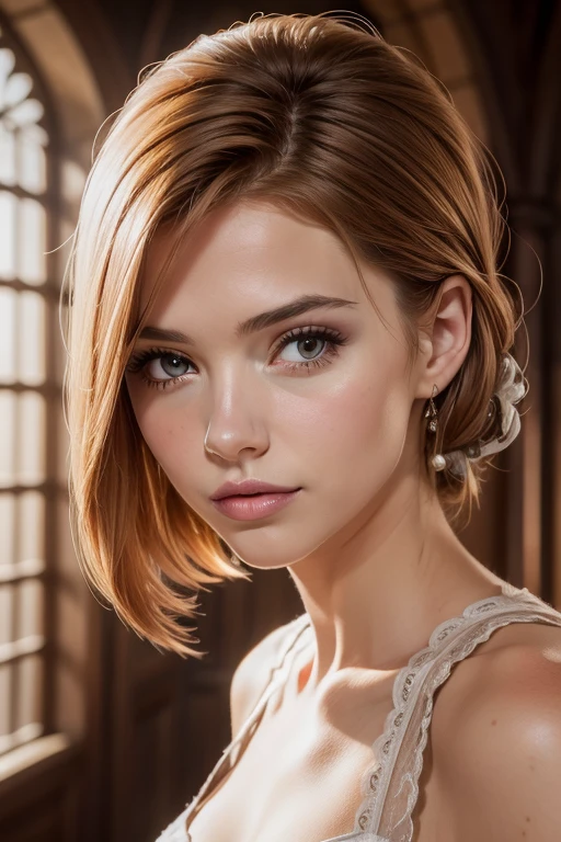 Jolie femme, humain, face ronde, rousse light, taches de rousseur light, habillée en dentelle, seductive, peu de vêtements, Fantasy medieval cadre