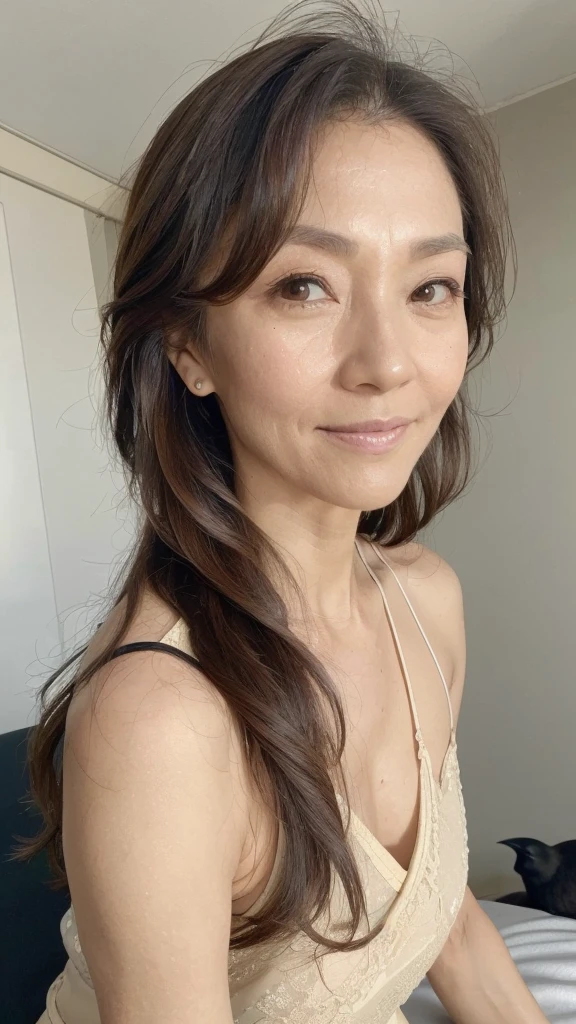 NSFW, ((Best Quality)), ((8K)), ((Masterpiece: 1.3)), (Perfect Appearance), (Photorealism: 1.6), (A woman in a camisole stands by the bed), Bedroom, night, luxurious furniture, Japanese woman, 47 years old, (realistic skin texture)), (overall skin fine lines: 1.3), (skin dullness: 1.1), (skin without moisture): 1.2 ), (skin wrinkles) Face: 0.9), (crow's feet: 1.2), double eyelids, tear sacs on lower eyelids, (crying mole: 0.9), eyes facing towards you, serious expression, ( Dimples: 1.2), medium long hairstyle, gentle smile, eyes looking towards you, short hairstyle, silk camisole, lace camisole, (whole body: 1.4), low angle,