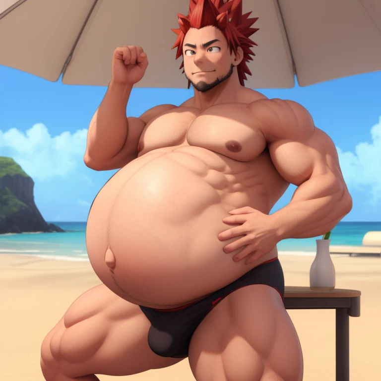 masterpiece, 3d, Eijiro Kirishima, muscled, chilling at the beach, no shirt, pregnant, big pregnant, belly, only wearing underwear