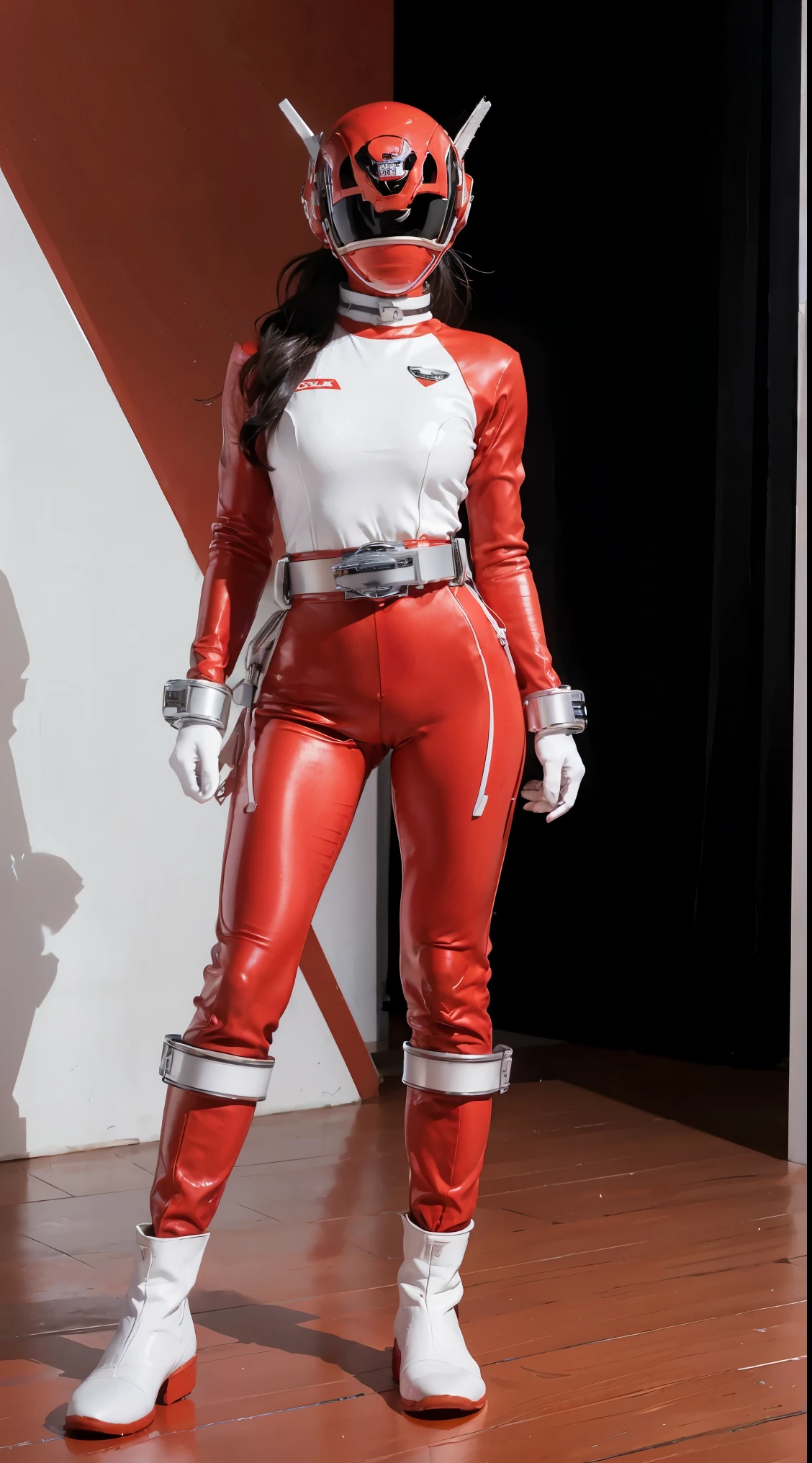 ((power rangers)), One guy、 Red costume, Solo, ((Slim figure)), (Anatomically correct), Cowboy shot, masked face, (Red composite tracksuit), (Well-designed hero set), Suitable for complex production lines, Thin one-piece influencer suit, Long leather gloves to white elbows,,,,, The arm sleeve is made of hard material, White leather boots, Wearing a full-face helmet, (White belt), (Large metal clasp), (Full body suit), (Full face helmet,No exposed face), Crystal embedded in the helmet, (Very shiny sportswear), Silk weave set, gym clothes that adhere to the body,dynamicposes