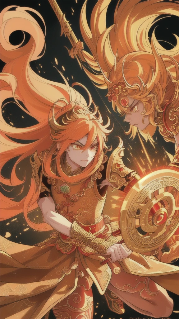 a powerful Monkey King, elaborate costume design, intricate golden staff, fierce expression, golden fur, intricate tattoos on arms and face, intense eyes, dynamic pose, flying in the sky, dramatic lighting, epic battle scene, strong sense of motion, vibrant colors, mythical atmosphere, ancient Chinese mythology