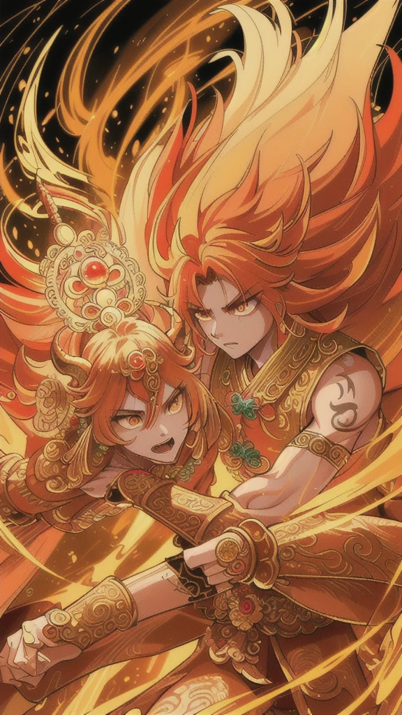 a powerful Monkey King, elaborate costume design, intricate golden staff, fierce expression, golden fur, intricate tattoos on arms and face, intense eyes, dynamic pose, flying in the sky, dramatic lighting, epic battle scene, strong sense of motion, vibrant colors, mythical atmosphere, ancient Chinese mythology