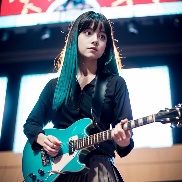 highest quality、8K images、((Tabletop, highest quality))One Girl, alone, Black Dress, blue eyes, エレキguitar, guitar,   Holding, guitarのピックを持っている, musical instrument, Long Hair, The music you play is rock, One side up, Turquoise Hair, Performing Gita at the Budokan, Packed crowd、Pleated skirt, Black Shirt,