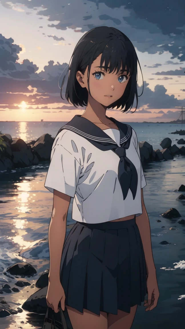{{kofune mio}}, {summertime render}, blue eyes, black short hair, 16 years old, medium breasts, tan, , white serafuku, short sleeves, black neckerchief, white sailor collar black pleated skirt,1girl, solo,from front, facing the front, looking at viewer, straight-on, close to viewer, year 2023,,very aesthetic, best quality, amazing quality, ,curated, illustration, highly detailed, anime coloring,Night sea background
