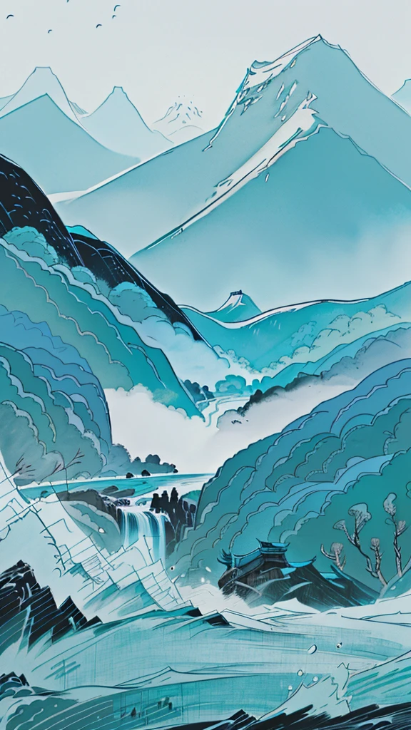 Close up of a poster with mountains and a river, Inspired by Wu Guanzhong, paddy, Chinese scenery, Chinese writing brush pen illustration, Green rain, Landscape Art Detail, Inspired by Eyvind Earle, Chinese painting style, Inspired by Toshiei Katsukawa, Landscape illustration,number illustration,number,
