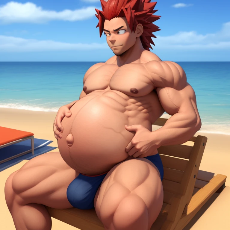 masterpiece, 3d, Eijiro Kirishima, muscled, chilling at the beach, no shirt, pregnant, pregnant, belly, only wearing underwear