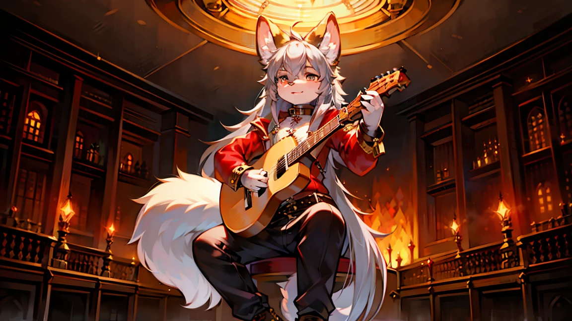 highest quality, Highest Resolution, masterpiece, Very detailed, Young shaggy dog neutral Dog muzzle Dog Ears Fluffy long hair Fluffy tail delicate beautiful Gray Hair steampunk Red long coat sword masterpiece Ultra-high resolution Brown 3/4 length pants Light-colored eyes Playing guitar