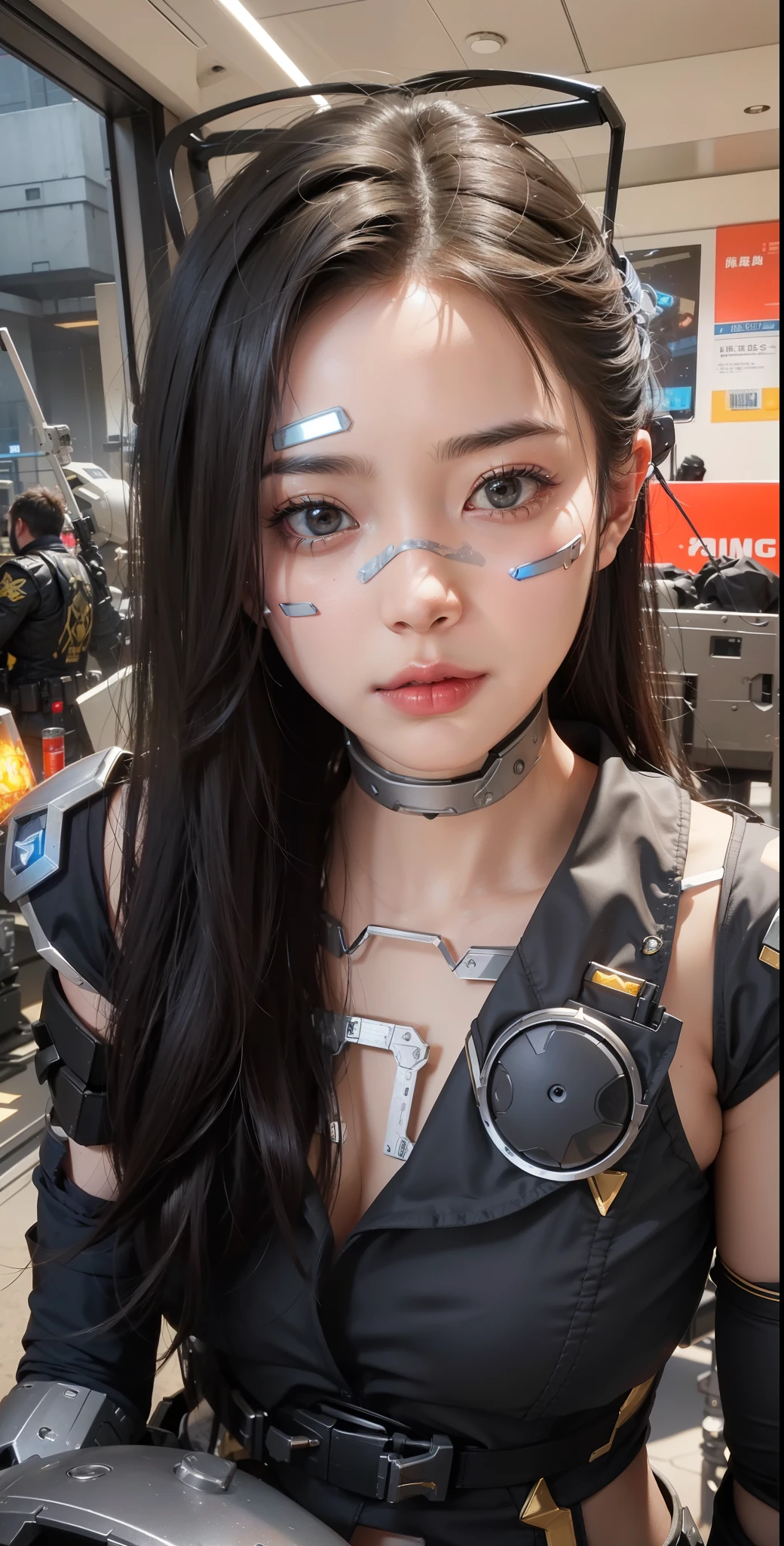 Futuristic high-tech style，best quality,Fairy Skin,(every time :1.2),eternal,Ultra Detailed,Practical,high quality,Light,Light线追踪,Ultra HD,upper body, Future Iron Man Mech，shooting，Battery，Transmitter，Large caliber artillery，Rostlan 8K，Armored Girl,Wearing a cyberpunk technology helmet，Warframe Helmet，With breathing Light，The armor of the future shines，Armed Cannon，High-tech armor，Mechanical fuselage，There is a machine on the face，Cyberpunk machinery，脸上有发Light的灯管