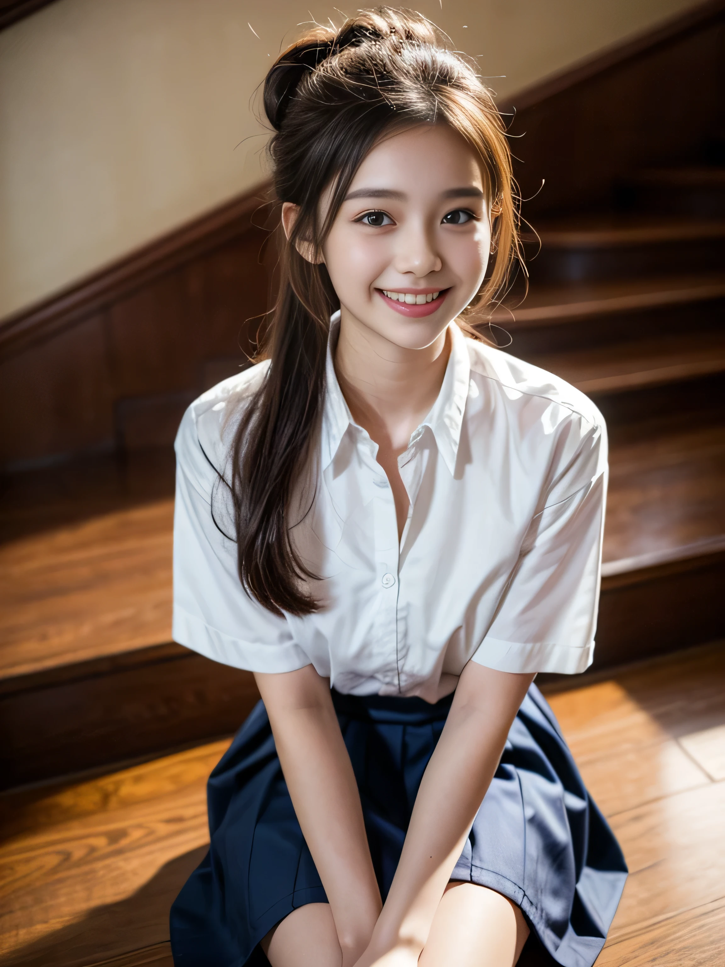 16 years old child, hair up, super big hair up, wearing Thailand high school uniform, white shirt and dark blue dress, big round breast, (light smile:1.3), (photorealistic:1.2), (ultra realistic:1.3), (very detailed:1.1), ((masterpiece)), 35mm, f/1.8, first person view, sitting at school staircase.
