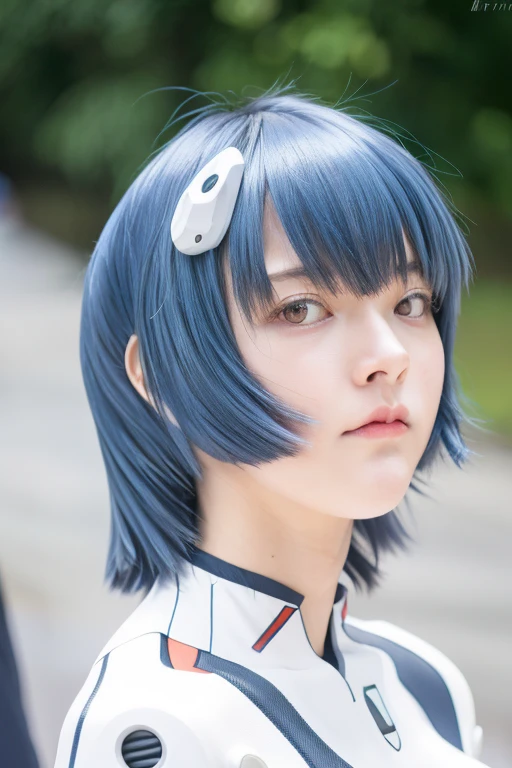 Bust up photo, Woman close up, Evangelion, Rei Ayanami, Ayanami, Rei Ayanami, rogue anime girl Ayanami Rei, 
short hair, Blue Hair, Detailed Hair, Hair blowing in the wind, Smooth Hair, 
Red eyes, Red Eyes, 
Real skin, Accurate anatomical structure, Red eyes, Red Eyes, Shoulder width is normal, Sloping shoulders, small breast, Futuristic Suit,EvangelionのPlug Suit, Suits Bodysuits, Plug Suit, Evangelionのパイロットスーツ, Perfect android girl, Beautiful female android, Photorealistic girl rendering, Cute Cyborg Girl, Portrait Anime Astronaut Girl, 
