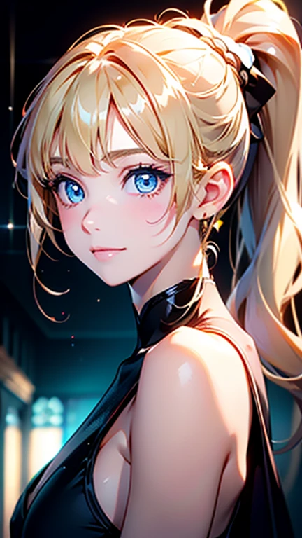 Best quality , masterpiece, Portrait、、Bright expression、ponytail、Young, shiny, white, glossy skin、Gloss Face、Shining Cheek Gloss、Small Face Beauty、The best beauty、The dazzling light of blonde hair、Bright blonde hair with dazzling highlights、Very beautiful shiny light blonde hair、super long silky straight hair、Her shiny, beautiful bangs are covering her eyes.、Sparkling, clear, attractive, bright, large, pale blue eyes、Very big eyes、eyeliner、very beautiful lovely cute 16 year old girl、Ample Bust, upper body , smile , ((((princess, ponytail ))))