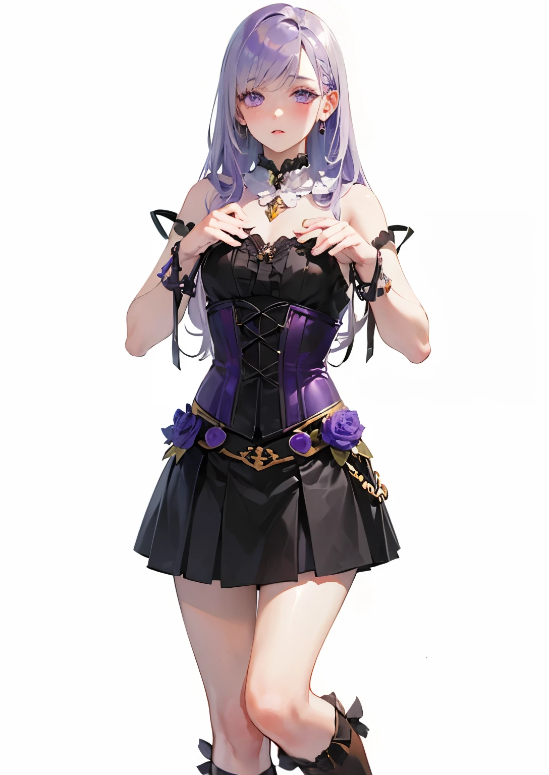 1 girl, Arrange pose,Top quality work,Show Legs,((long two colored silver-purple hair)),(purple eyes), Rose cheeks, Pretty Face, A perfectly proportioned face, wearing black corset and black skirt, full-body view, amazing, small round chest、Beautiful eye details、Beautiful eyelashes、beautiful double eyelid, with blush cheeks,