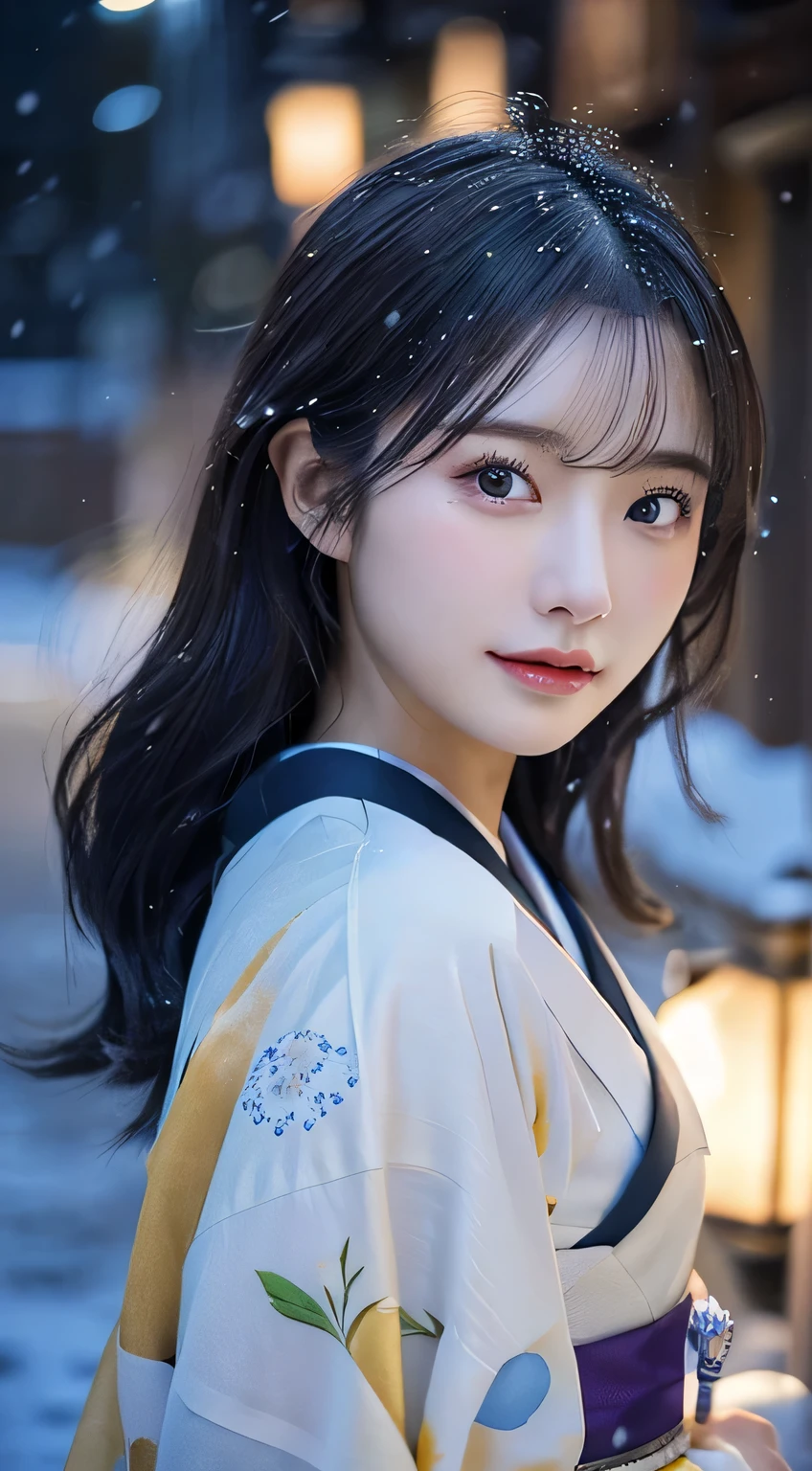 (Kimono)、(top-quality,​masterpiece:1.3,超A high resolution,),(ultra-detailliert,Caustics),(Photorealsitic:1.4,RAW shooting,)Ultra-realistic capture,A highly detailed,high-definition16Kfor human skin、 Skin texture is natural、、The skin looks healthy with an even tone、 Use natural light and color,One Woman,japanes,,kawaii,A dark-haired,Middle hair,(depth of fields、chromatic abberation、、Wide range of lighting、Natural Shading、)、(Exterior light at night:1.4)、(Falling snow:1.2)、(Hair swaying in the wind:1.1)、(Light reflecting snow:1.2)