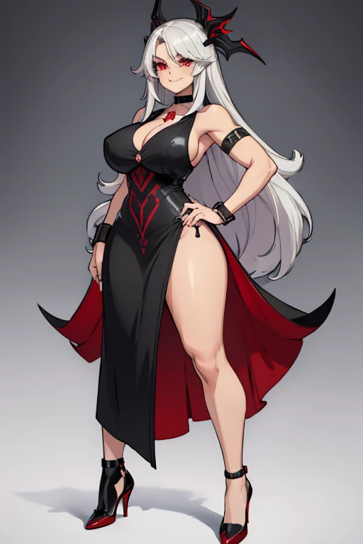 female, silver long hair with black highlights, red eyes, (((1girl))), (((red sleeveless dress))), (black heels), (black bracelets), (black choker with ruby), cute and sexy, full body, huge breasts, large butt, long legs, smiling