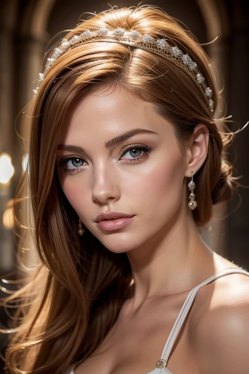 Jolie femme, humain, face ronde, rousse light, taches de rousseur light, habillée en dentelle, seductive, peu de vêtements, Fantasy medieval cadre