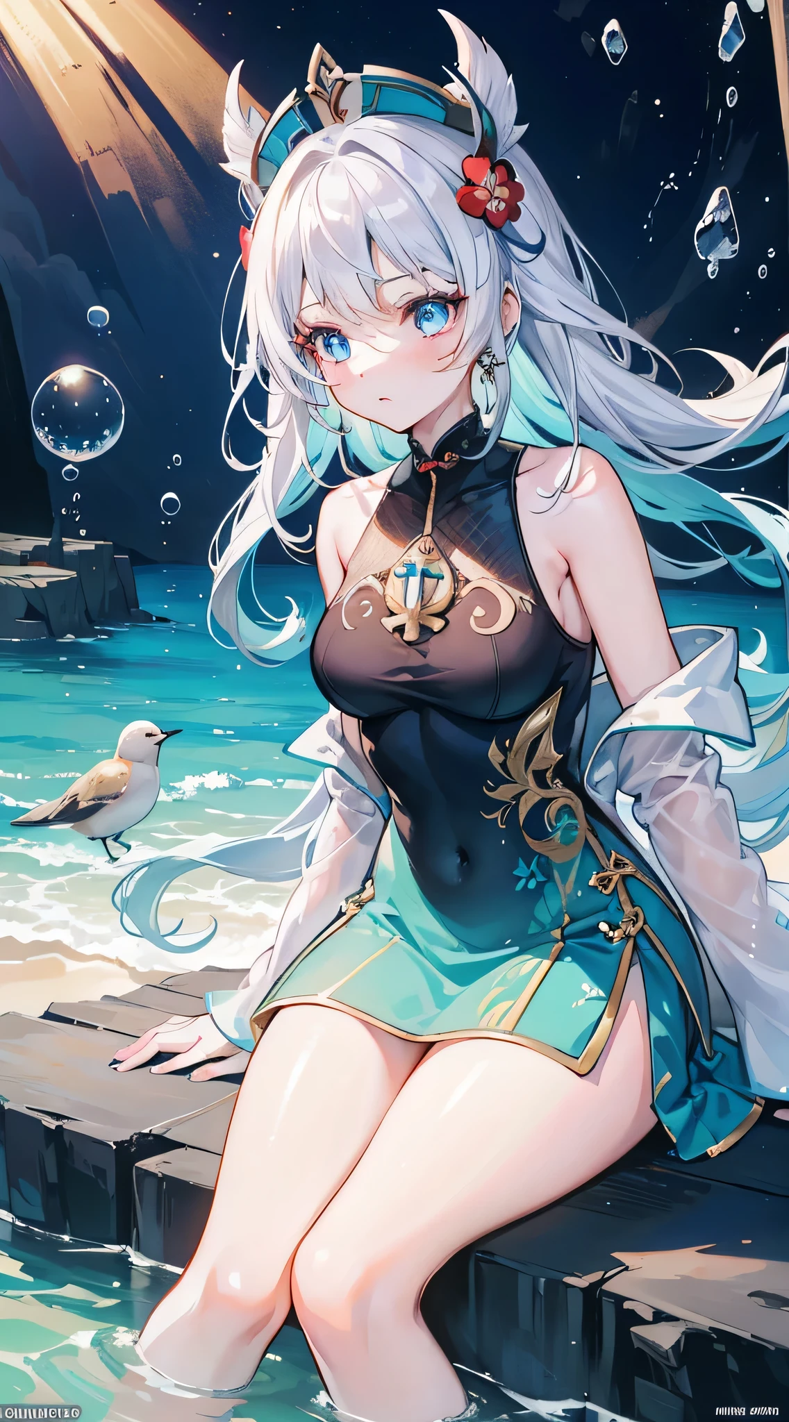 A girl sitting on a beach rock staring at the bird, (a girl :1.2), (a bird :1.2), white hair, aqua blue eyes, long hair, sleeveless dress, nature, looking up at the bird, gentle expression, (blue :0.8), (white :0.8), (green :0.4), sunshine, ,(best quality), ((masterpiece)), (highres), illustration, original,  extremely detailed wallpaper, 1girl， beautiful detailed sky, beautiful detailed water, cinematic lighting, dramatic angle,extremely detailed CG unity 8k wallpaper,cinematic highlight hair,studio photography,masterpiece,Hard Lighting,Backlighting,exquisite facial features,lolita fashion,,fashi-girl,red lips,makeup,realistic, ,xiaosheng,huadan,,spaceship,,mesugaki,Enma,firefighter,hu tao (genshin impact),in winter,stars,on a desert,dressing room,shack,(((colorful bubble))),bare_shoulders,pants rolled up,pencil dress,Visor cap,mary_janes,print le