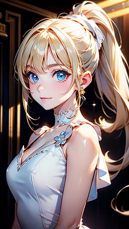 Best quality , masterpiece, Portrait、、Bright expression、ponytail、Young, shiny, white, glossy skin、Gloss Face、Shining Cheek Gloss、Small Face Beauty、The best beauty、The dazzling light of blonde hair、Bright blonde hair with dazzling highlights、Very beautiful shiny light blonde hair、super long silky straight hair、Her shiny, beautiful bangs are covering her eyes.、Sparkling, clear, attractive, bright, large, pale blue eyes、Very big eyes、eyeliner、very beautiful lovely cute 16 year old girl、Ample Bust, upper body , smile , ((((white dress , ponytail ))))