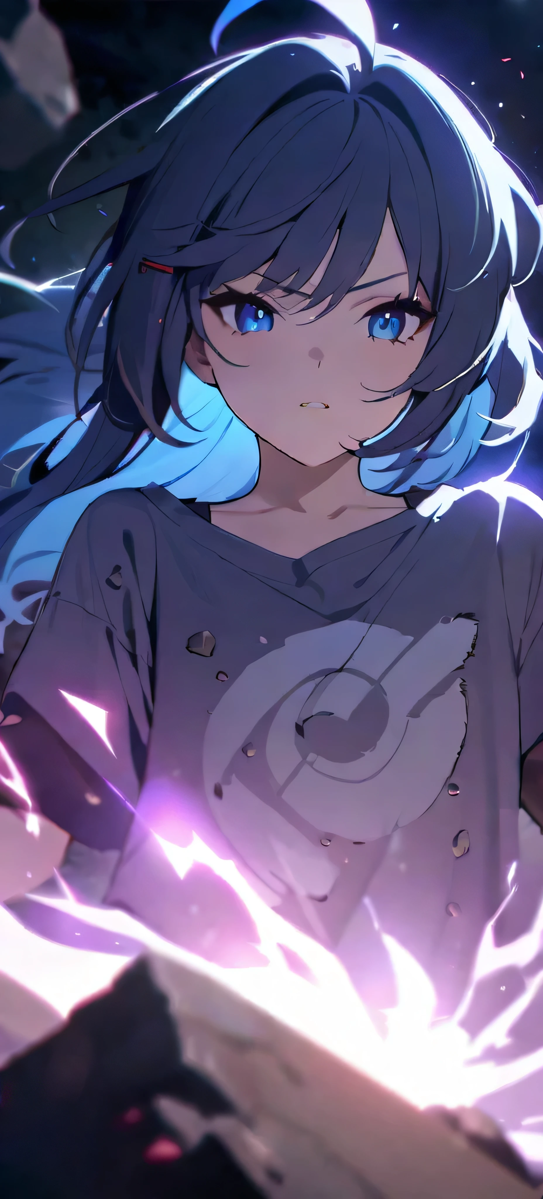 Resolution full, best quality, masterpiece, 8K,  cinematic lighting, best photography, full HD, very sharpener, best art, very accurate, depth of field,  beautifull girl, waifu, very accurate, beautifull girl, super detailed, 1girl, solo, long hair, ahoge hair, Messy hair, silver hair, blue inner hair, black hair clip, detailed beautiful cyan eyes. grey T - shirt oversized, wound, dirty, (torn t-shirts, holey t-shirt, electricity surrounds the girl, black electricity, red electricity background, standing at rock field, floating rocks and materials, flame, particle bokeh, foggy), (serious expression), Depth of field.