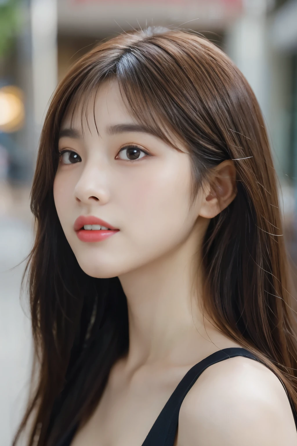 Very beautiful cute girl like an angel,
Beautiful fine details,
Double eyelids with attention to detail,
(Big eyes:1.3),Long eyelashes,
See-through bangs,
(Beautiful and exquisite face and eyes:1.4),
Small Nose,
Small Mouth,
Beautiful long hair,
Smiling happily and showing his teeth,
(highest quality:1.2),
RAW Photos,
High resolution,
Perfect detail,
Professional photography, Beautiful woman in black underwear、Beautiful feet,body、Beautiful breasts, Lighting,walking, In the city,Brown Hair,